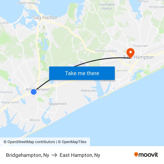 Bridgehampton, Ny to East Hampton, Ny map