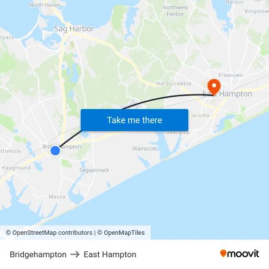 Bridgehampton to East Hampton map