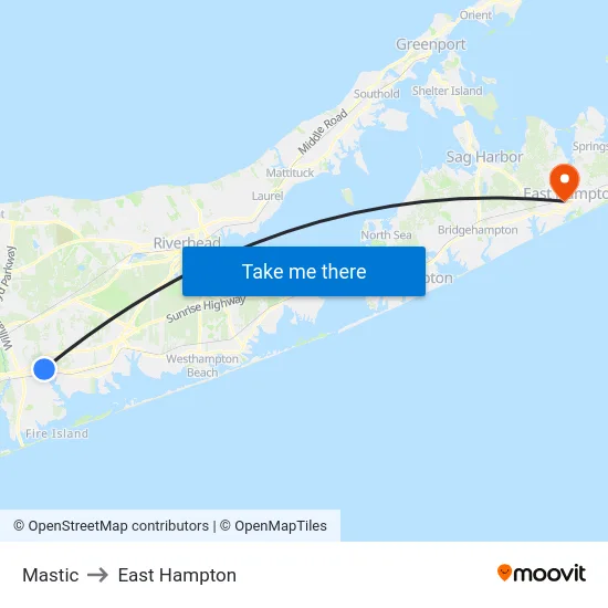 Mastic to East Hampton map