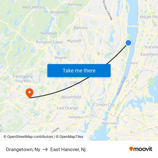 Orangetown, Ny to East Hanover, Nj map