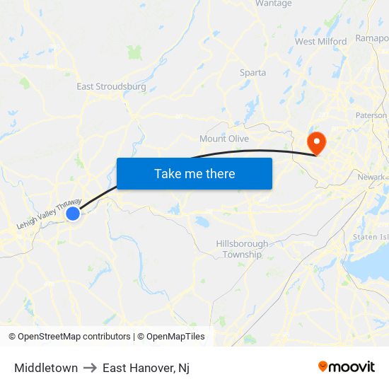 Middletown to East Hanover, Nj map