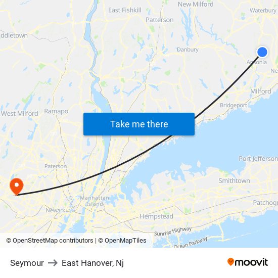 Seymour to East Hanover, Nj map