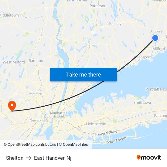 Shelton to East Hanover, Nj map