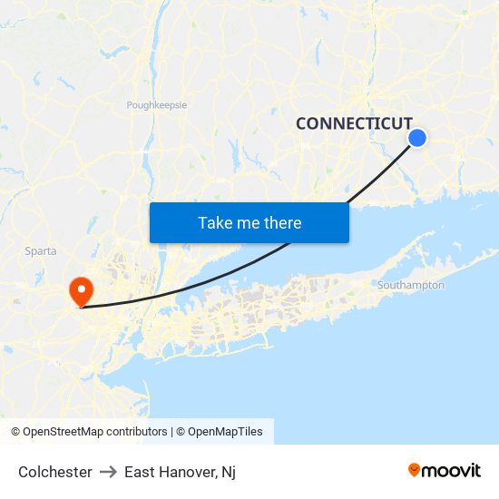 Colchester to East Hanover, Nj map