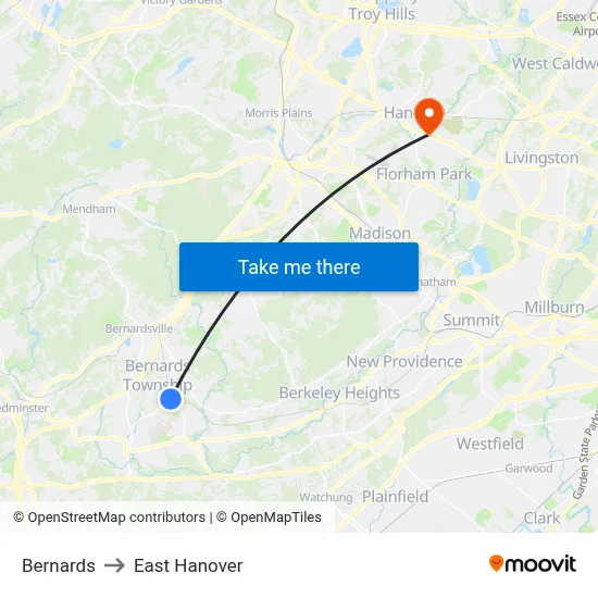 Bernards to East Hanover map