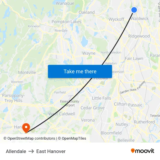 Allendale to East Hanover map