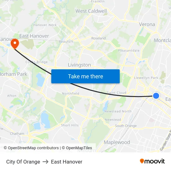 City Of Orange to East Hanover map