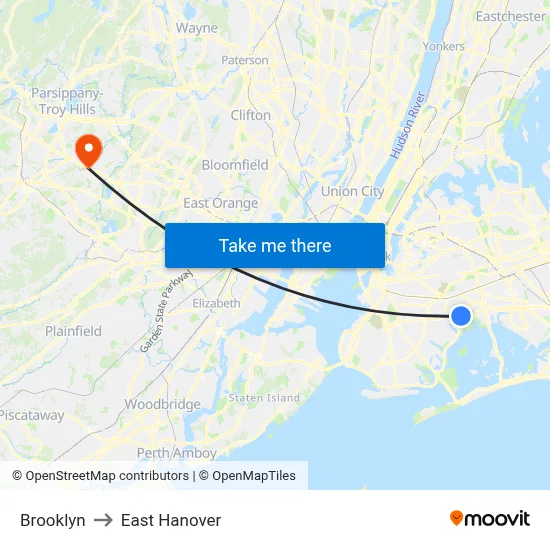Brooklyn to East Hanover map