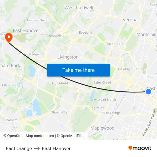 East Orange to East Hanover map