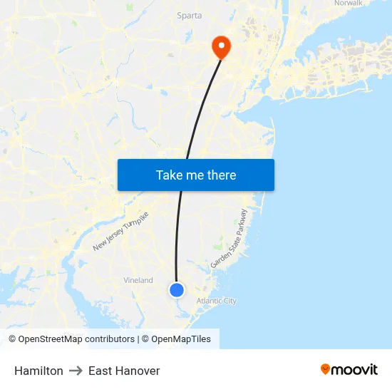 Hamilton to East Hanover map