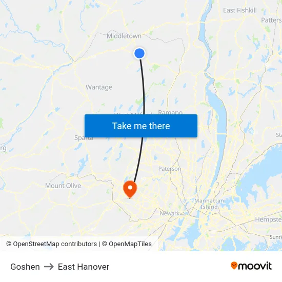 Goshen to East Hanover map