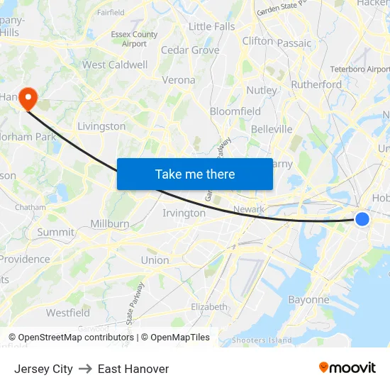 Jersey City to East Hanover map