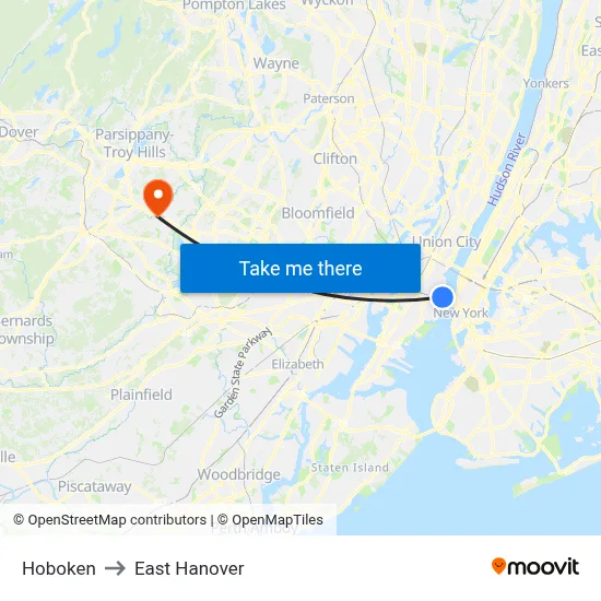 Hoboken to East Hanover map
