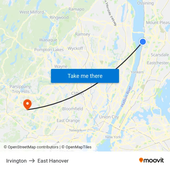 Irvington to East Hanover map