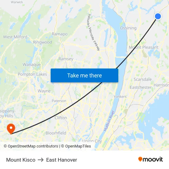 Mount Kisco to East Hanover map