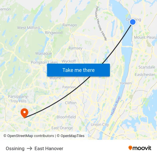 Ossining to East Hanover map