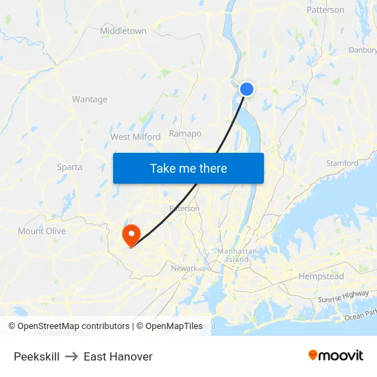 Peekskill to East Hanover map