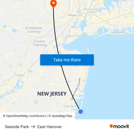 Seaside Park to East Hanover map