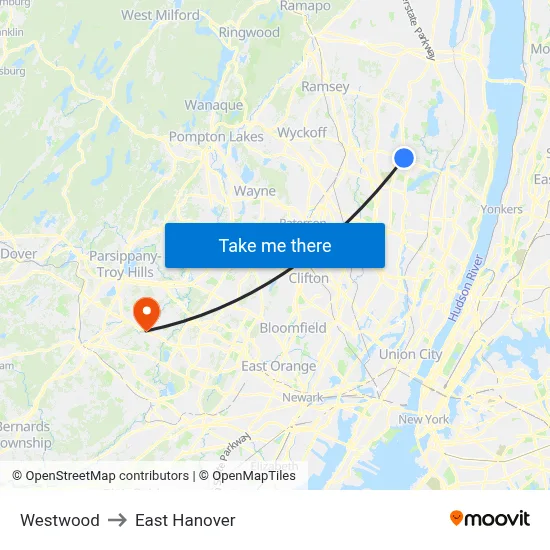 Westwood to East Hanover map