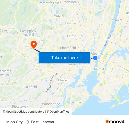 Union City to East Hanover map