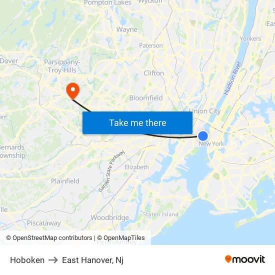 Hoboken to East Hanover, Nj map