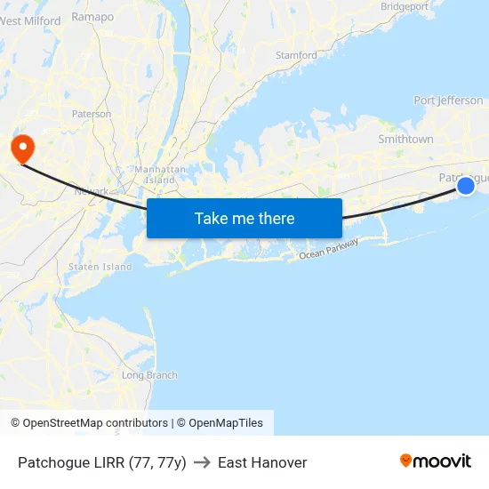 Patchogue LIRR (77, 77y) to East Hanover map