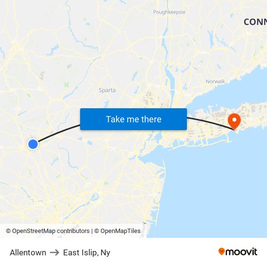 Allentown to East Islip, Ny map