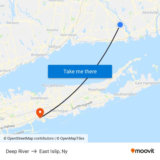 Deep River to East Islip, Ny map