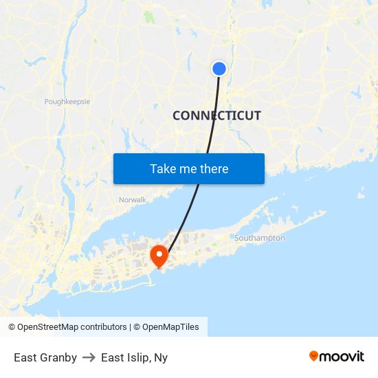 East Granby to East Islip, Ny map