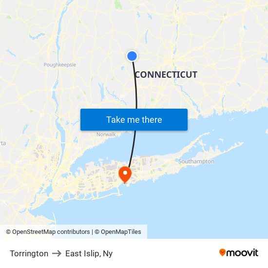 Torrington to East Islip, Ny map