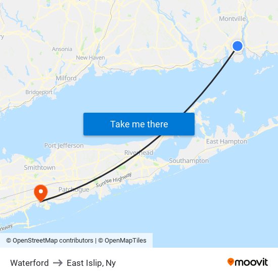 Waterford to East Islip, Ny map