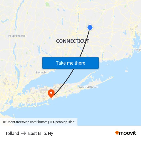 Tolland to East Islip, Ny map