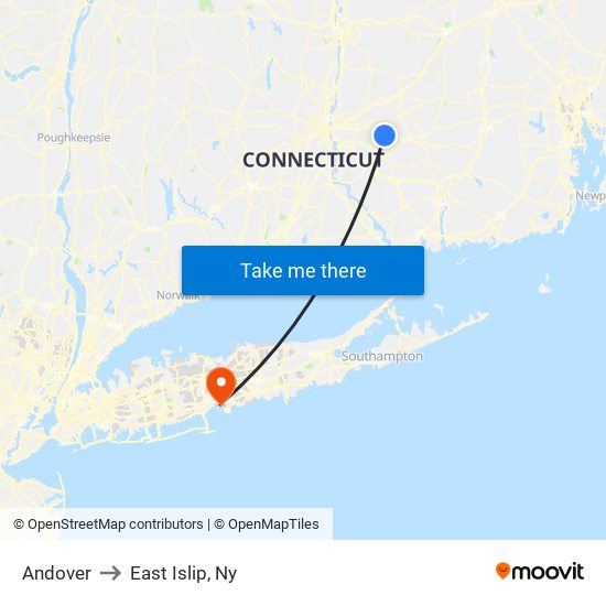 Andover to East Islip, Ny map