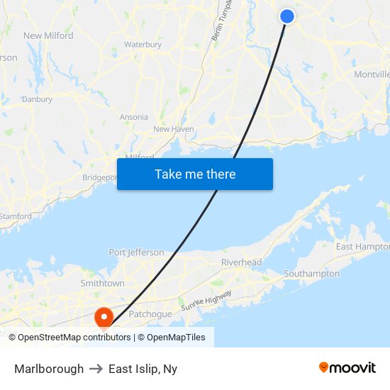 Marlborough to East Islip, Ny map