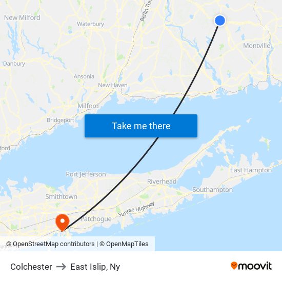 Colchester to East Islip, Ny map