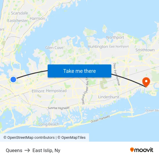Queens to East Islip, Ny map