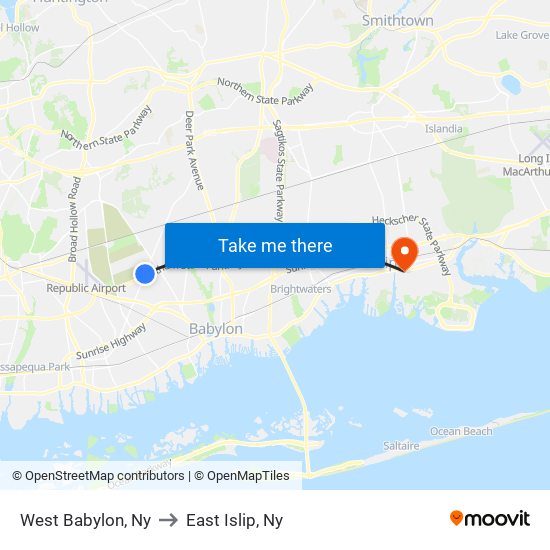 West Babylon, Ny to East Islip, Ny map