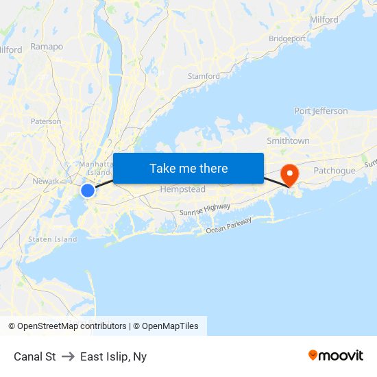 Canal St to East Islip, Ny map