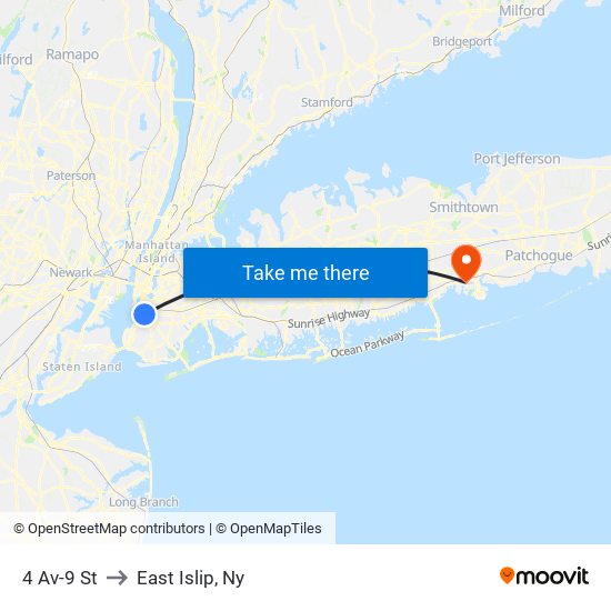 4 Av-9 St to East Islip, Ny map