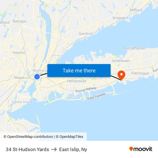 34 St-Hudson Yards to East Islip, Ny map