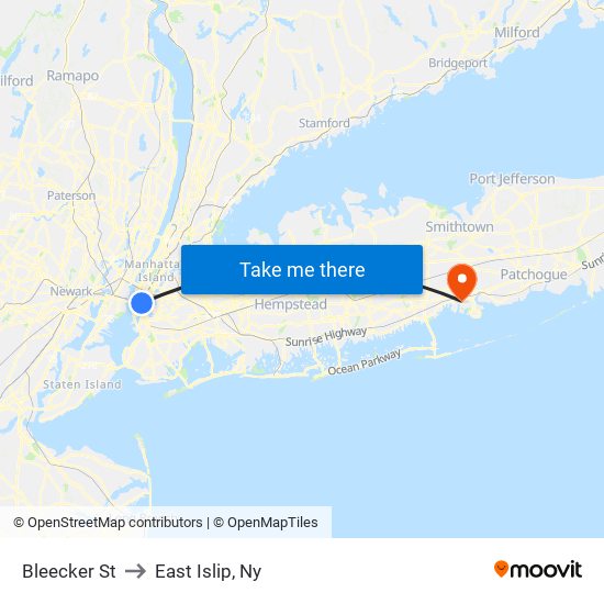 Bleecker St to East Islip, Ny map