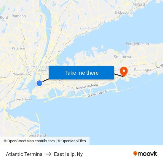 Atlantic Terminal to East Islip, Ny map