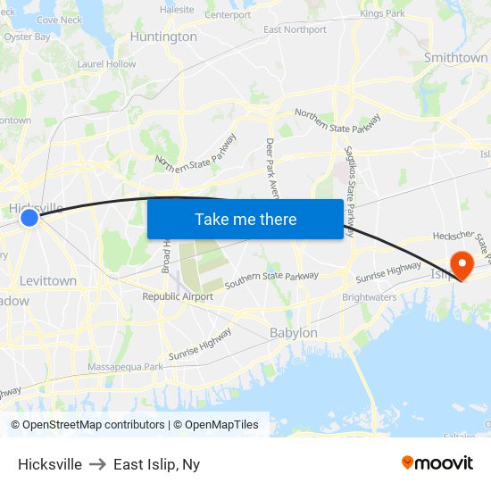 Hicksville to East Islip, Ny map