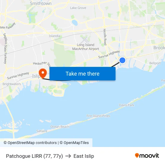 Patchogue LIRR (77, 77y) to East Islip map
