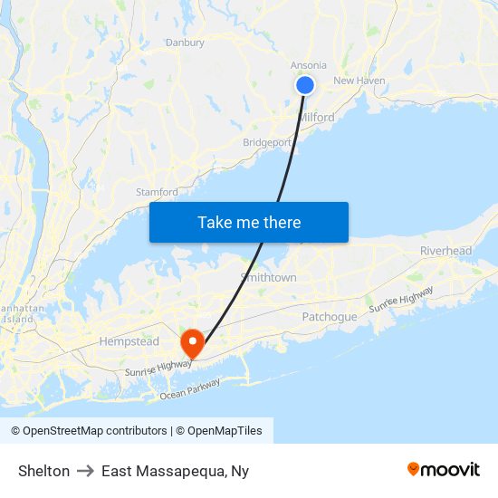 Shelton to East Massapequa, Ny map