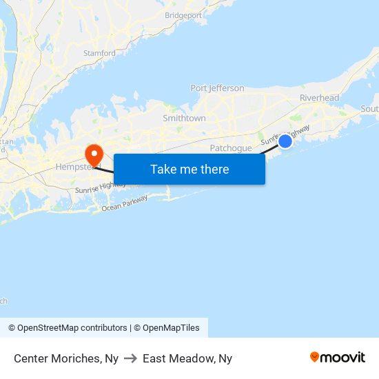 Center Moriches, Ny to East Meadow, Ny map