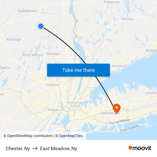 Chester, Ny to East Meadow, Ny map