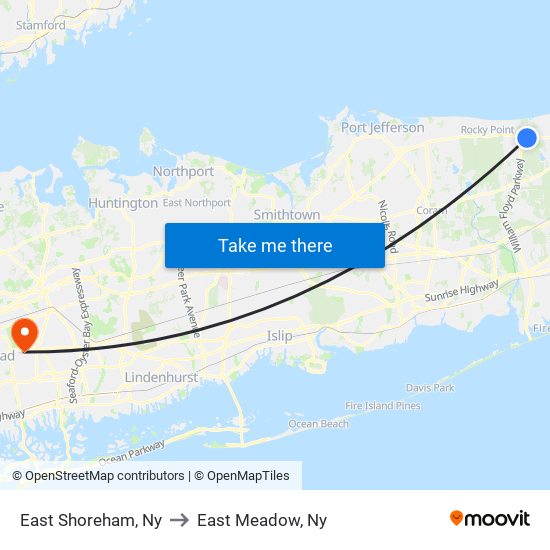 East Shoreham, Ny to East Meadow, Ny map