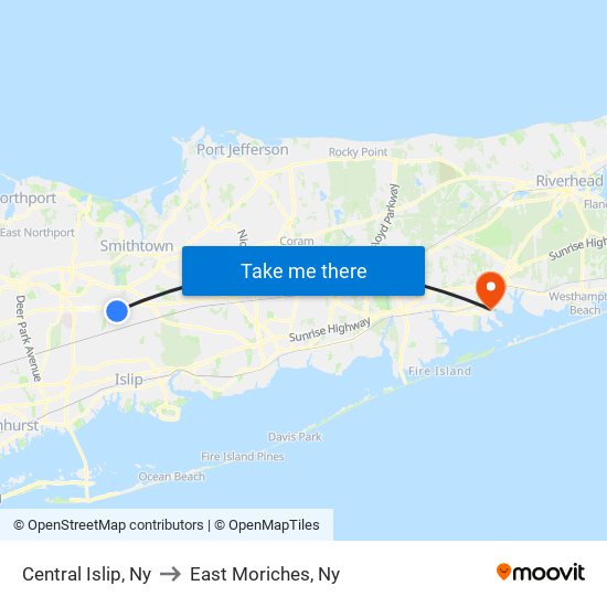 Central Islip, Ny to East Moriches, Ny map