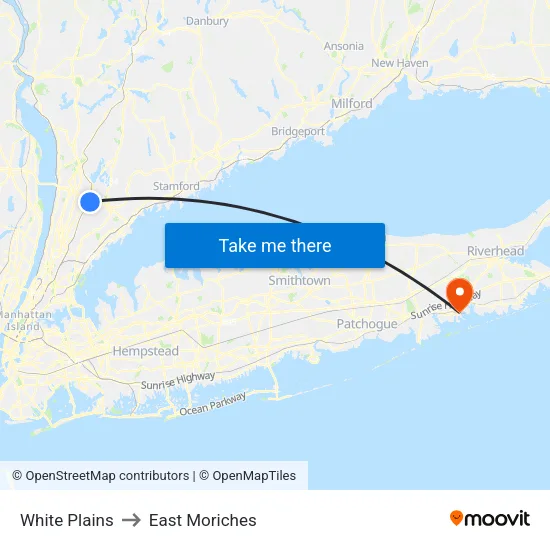 White Plains to East Moriches map